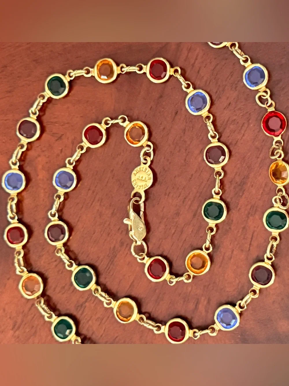 Vintage Austrian Crystal Multicolor Station Necklace; Gold Tone; Made in USA